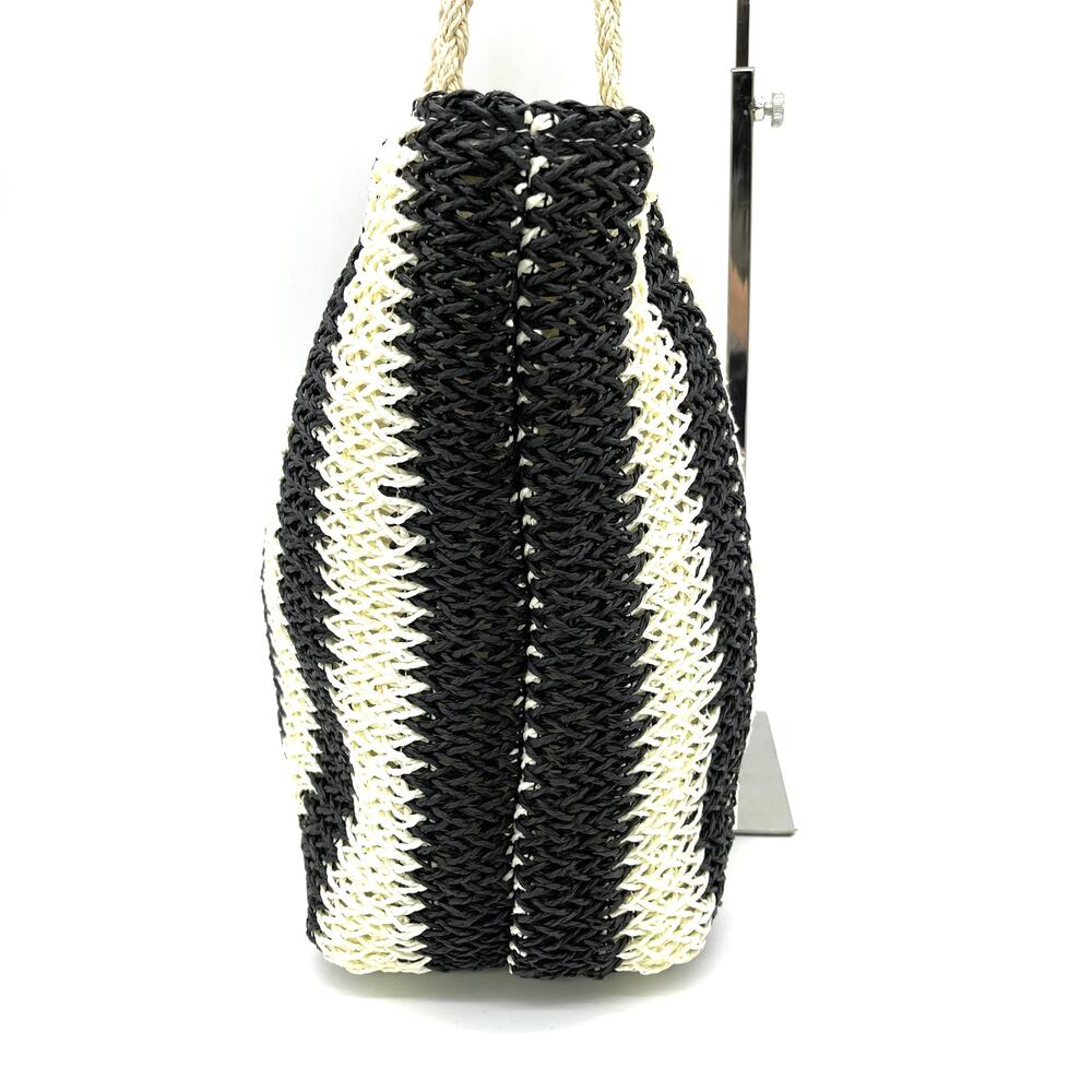 Bueno Tote Bag Large‎ Woven Straw Black Cream Beachy Boho Travel Summer Festival - Picture 7 of 13